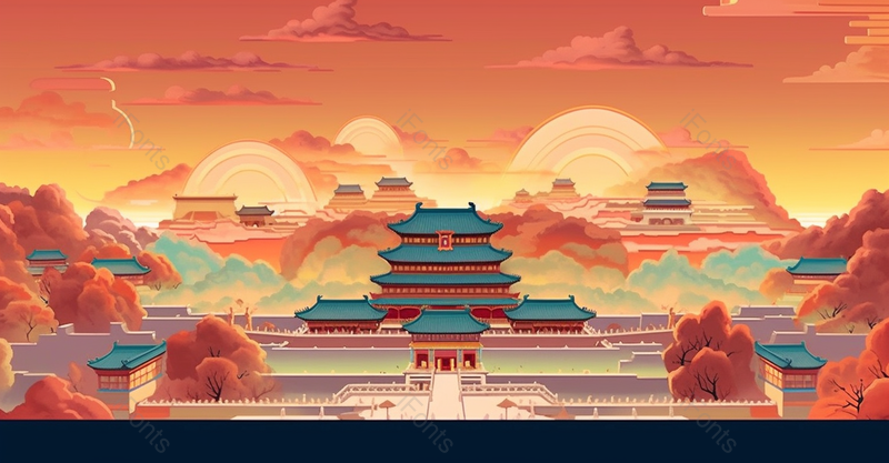 绿色瓦红色墙红色渐变大气国潮风插画故宫远山祥云,插画/手绘图,插画/手绘图库,插画/手绘图下载,插画/手绘